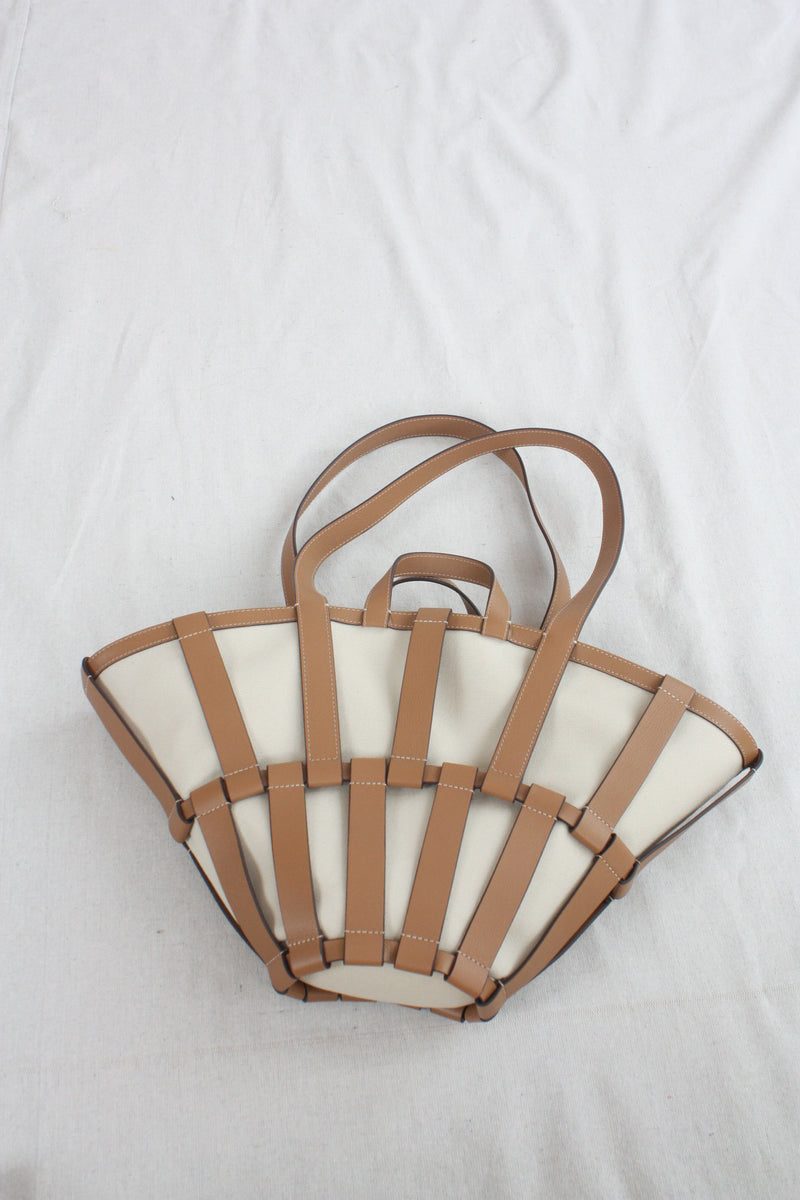 Encant Caged Leather and Canvas Tote Ivory Tan
