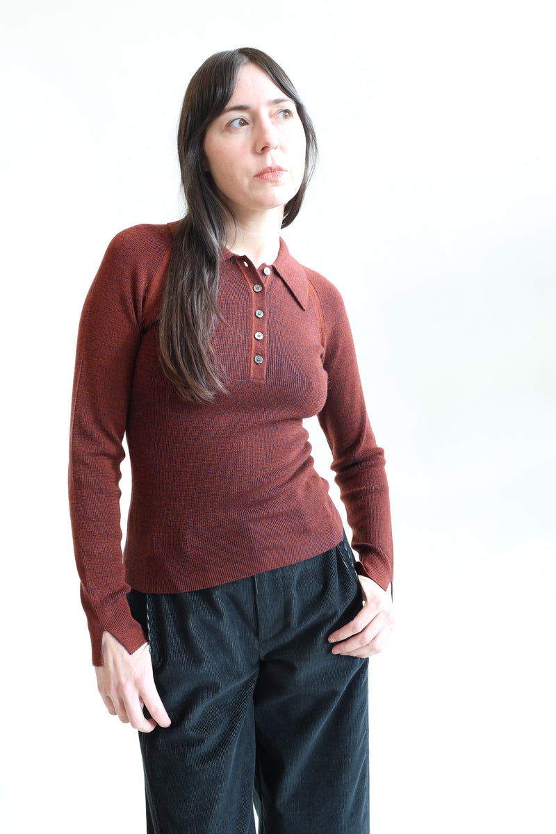 Combo Knit Ribbed Polo Rust and Navy