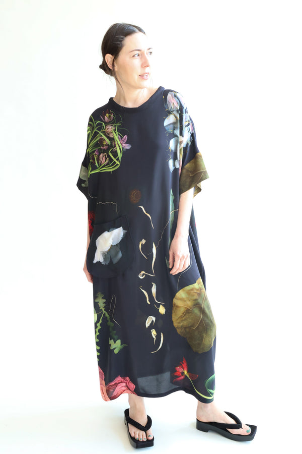 Silk Dress Print C - Big Flowers Black