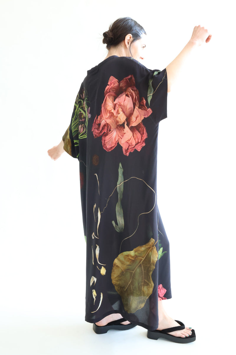 Silk Dress Print C - Big Flowers Black