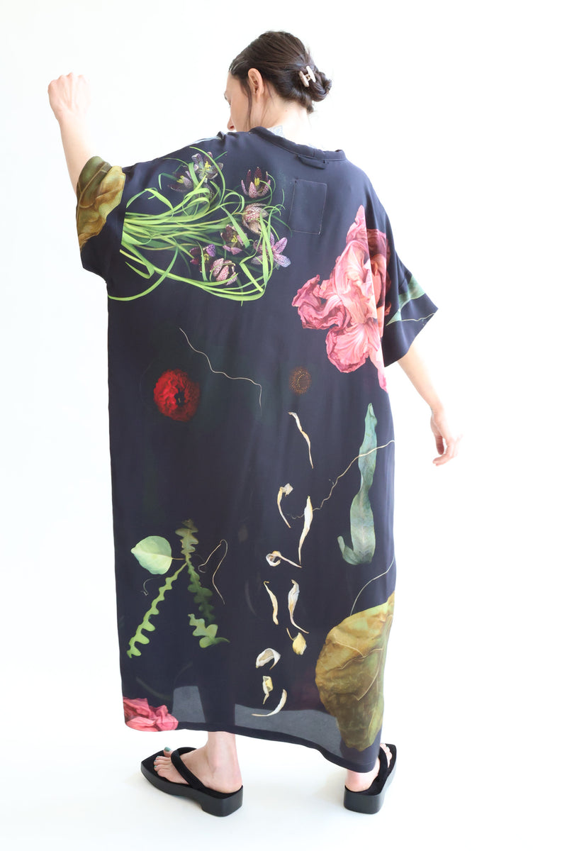 Silk Dress Print C - Big Flowers Black