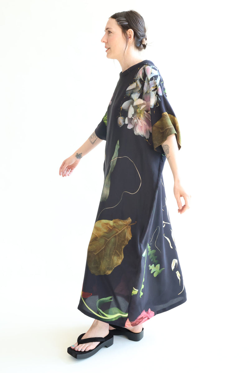 Silk Dress Print C - Big Flowers Black