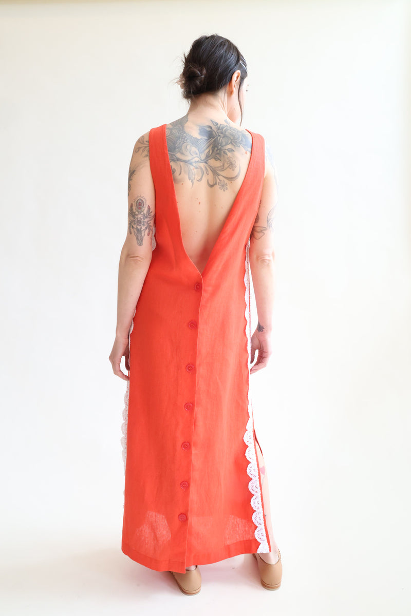 Button Back Dress Red with White Crochet Trim