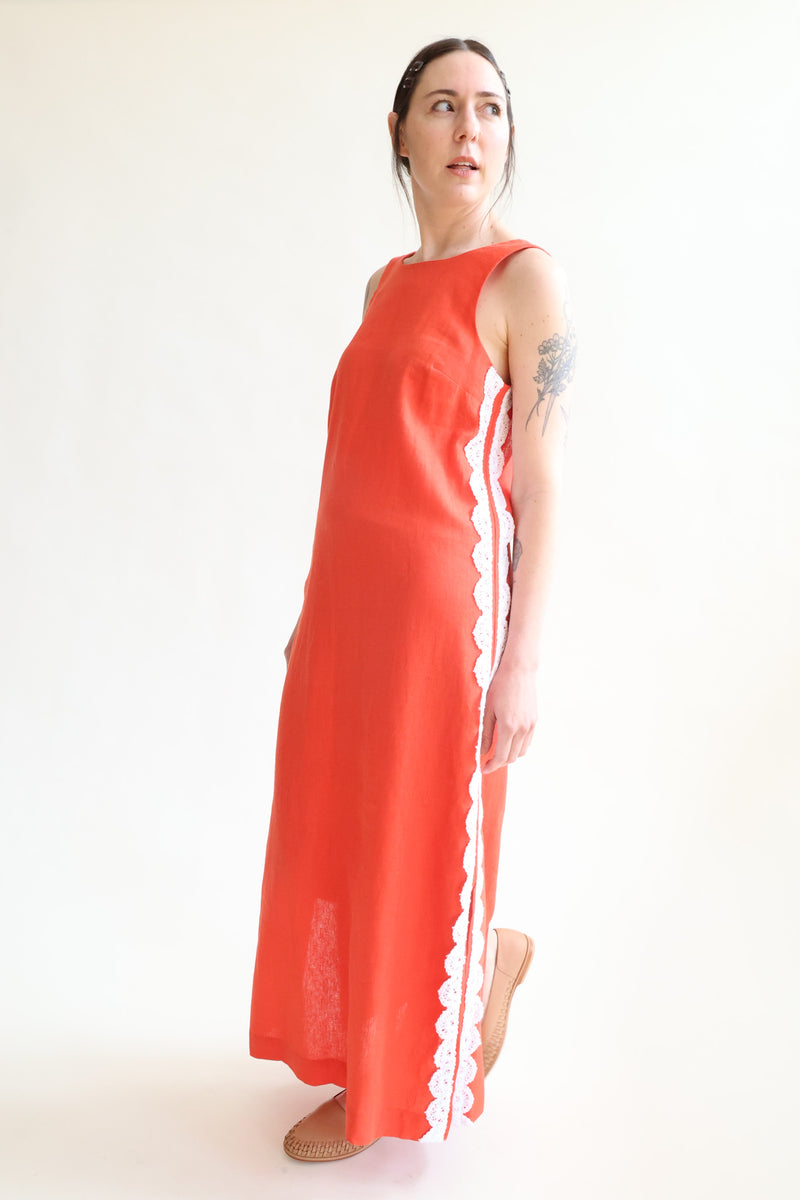 Button Back Dress Red with White Crochet Trim