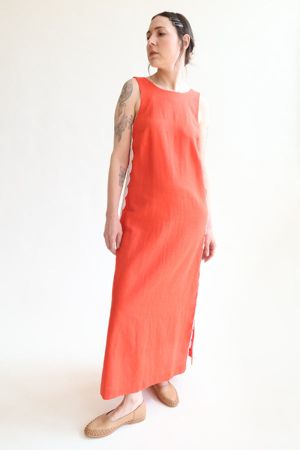 Button Back Dress Red with White Crochet Trim