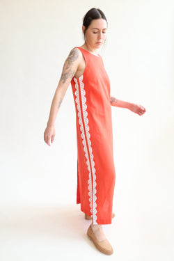 Button Back Dress Red with White Crochet Trim