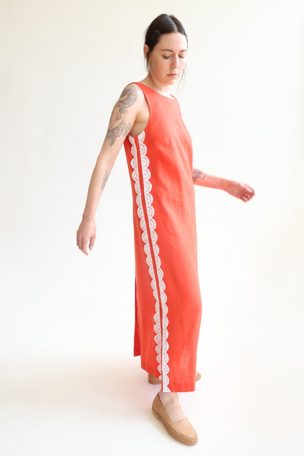 Button Back Dress Red with White Crochet Trim