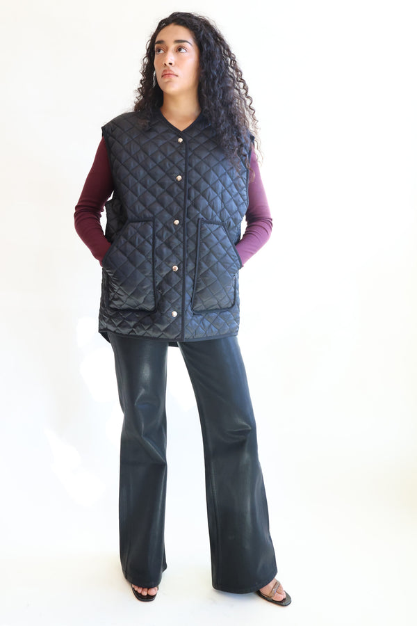 Oversize Quilted Vest Black Satin