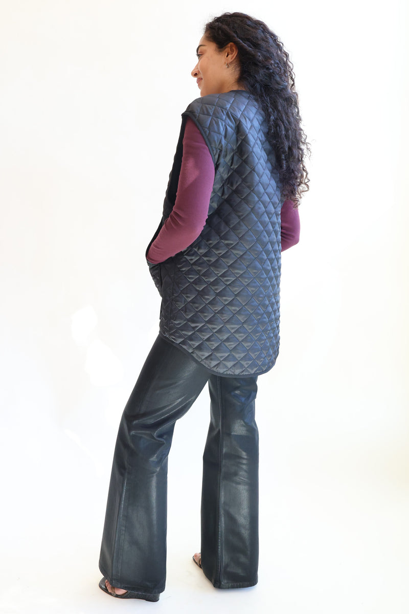 Oversize Quilted Vest Black Satin