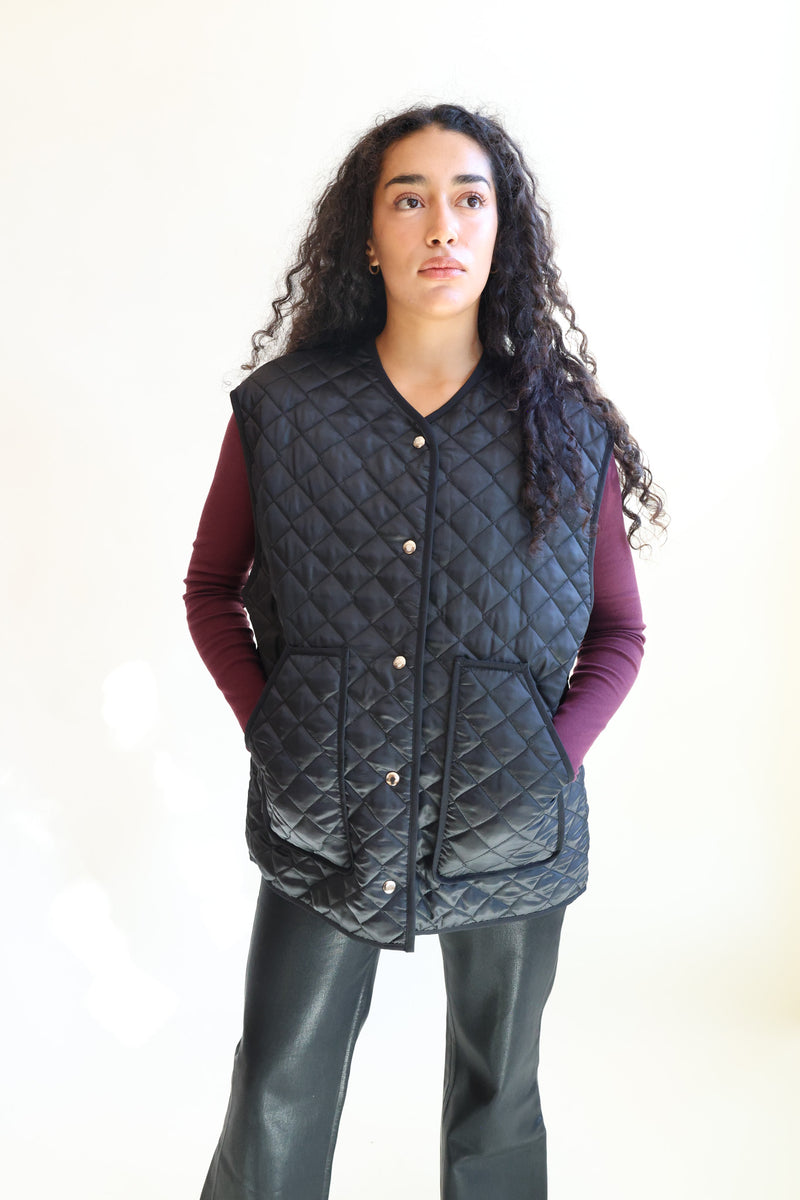 Oversize Quilted Vest Black Satin