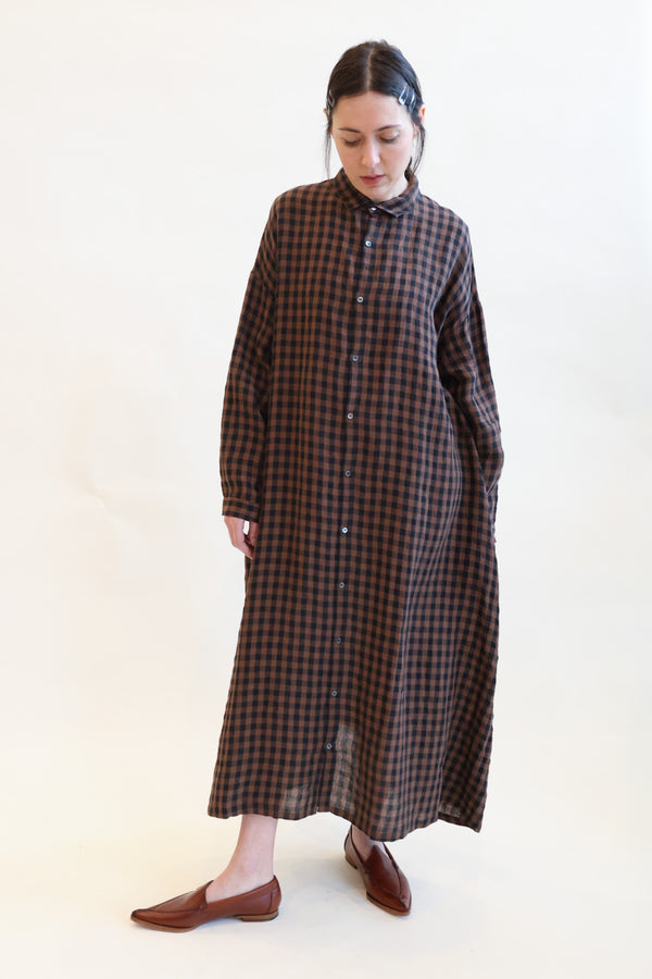 Linen Gingham Check Dress Brown