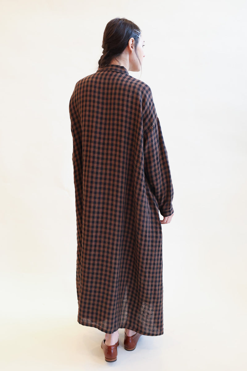 Linen Gingham Check Dress Brown