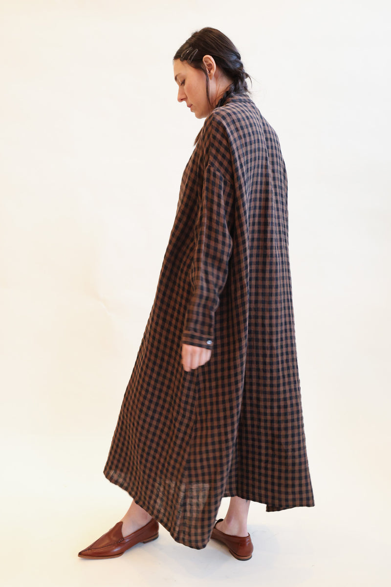 Linen Gingham Check Dress Brown