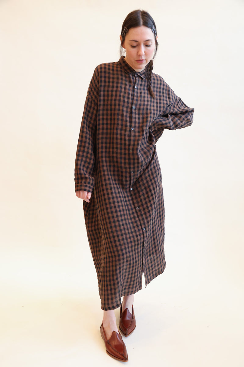 Linen Gingham Check Dress Brown