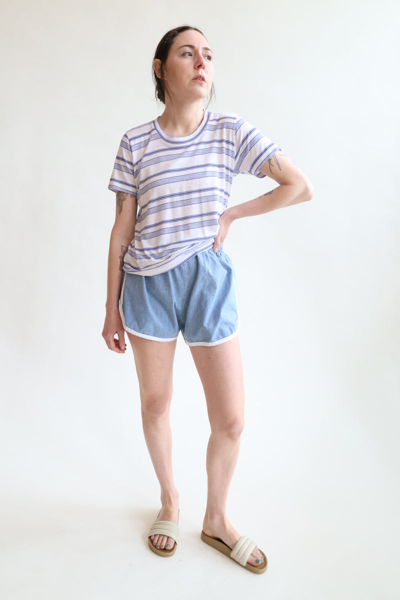 Tess Track Shorts Medium Wash Chambray & White