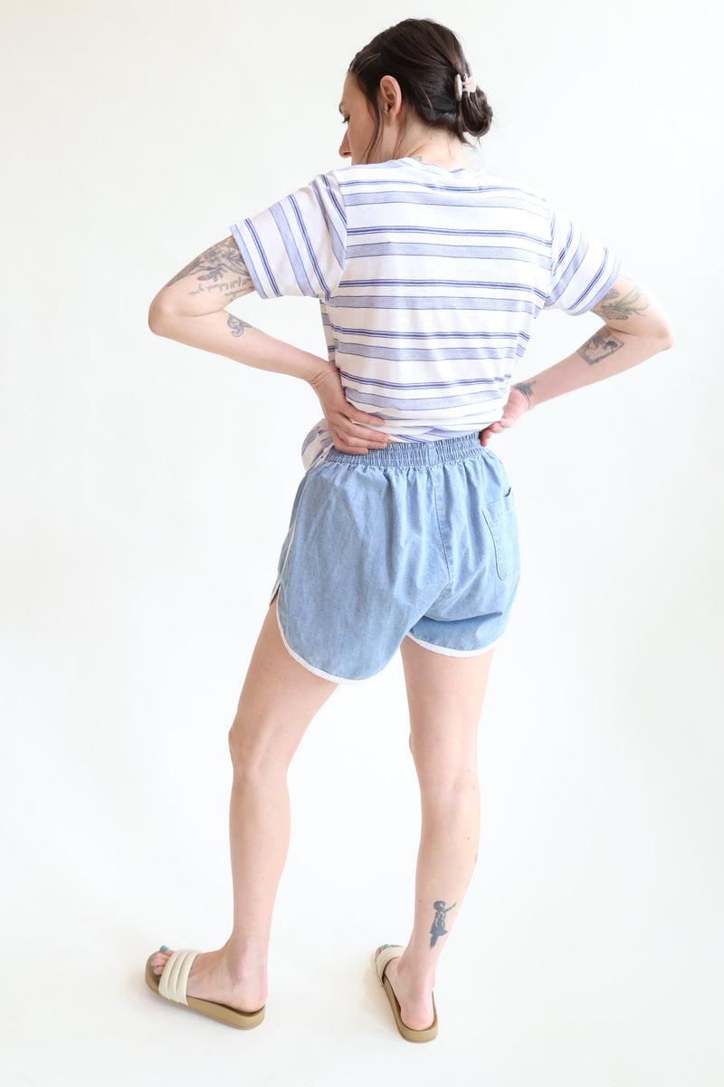 Tess Track Shorts Medium Wash Chambray & White