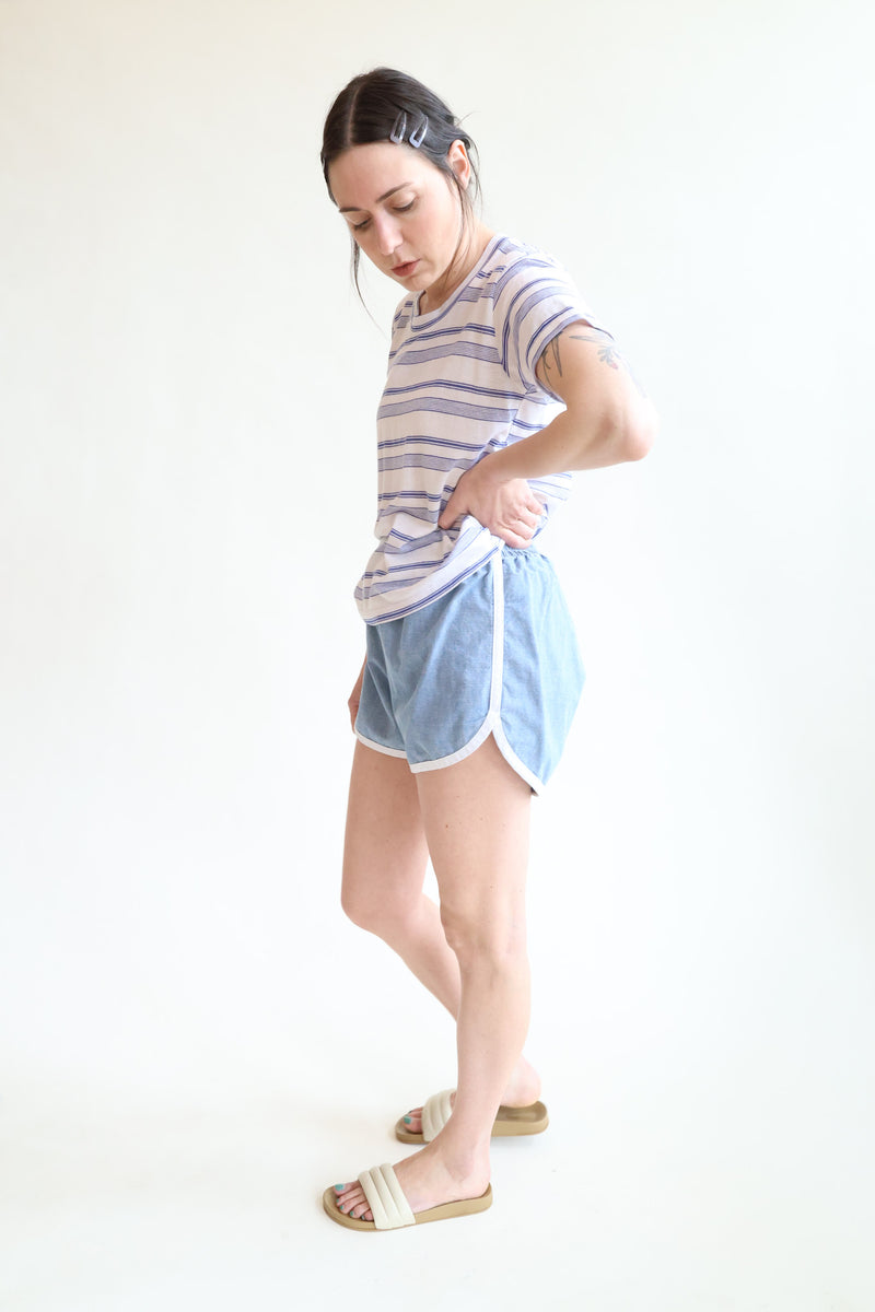 Tess Track Shorts Medium Wash Chambray & White