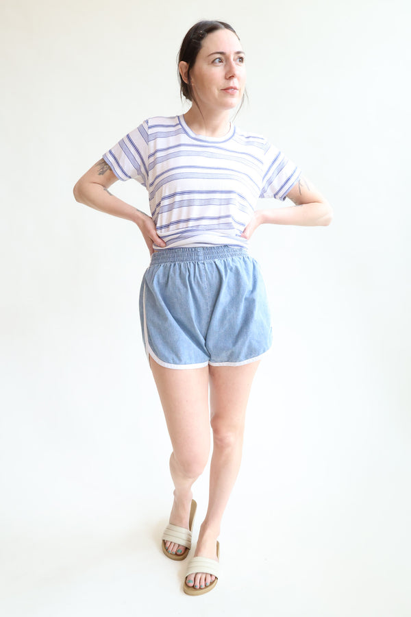 Tess Track Shorts Medium Wash Chambray & White