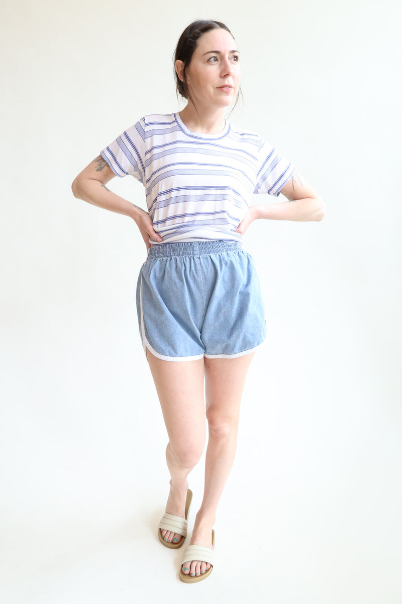 Tess Track Shorts Medium Wash Chambray & White