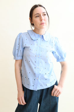 Pete Puff Sleeve Blouse Blue Window Eyelet