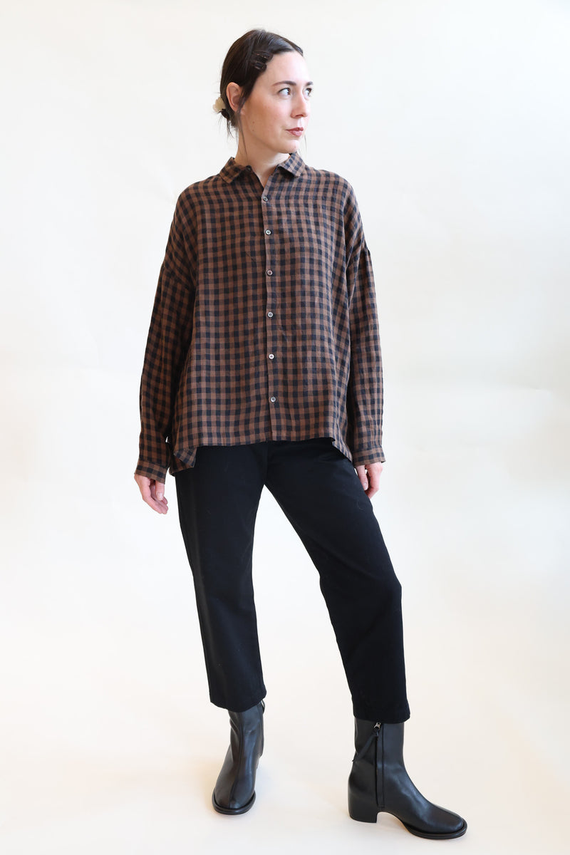 Linen Gingham Check Shirt Brown