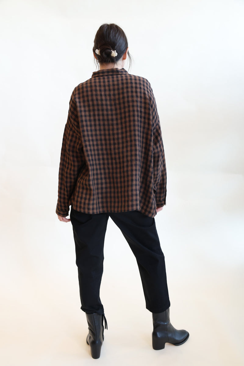 Linen Gingham Check Shirt Brown