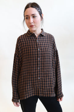 Linen Gingham Check Shirt Brown