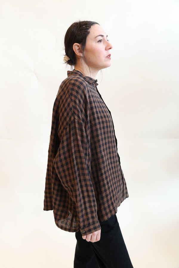 Linen Gingham Check Shirt Brown