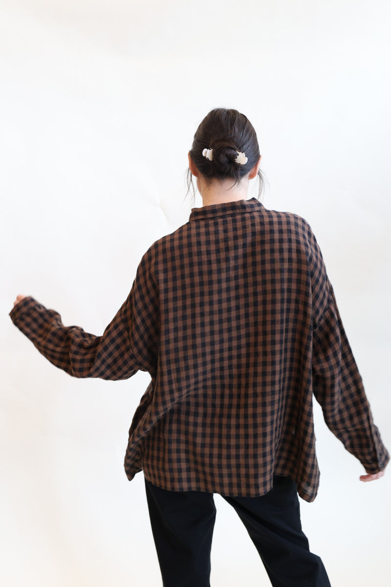 Linen Gingham Check Shirt Brown