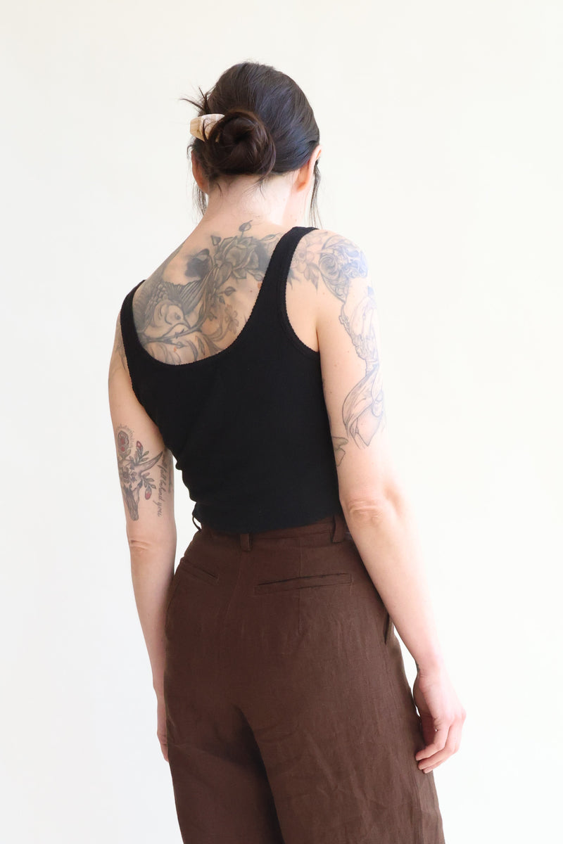 Crop Pointelle Scoop Tank Black
