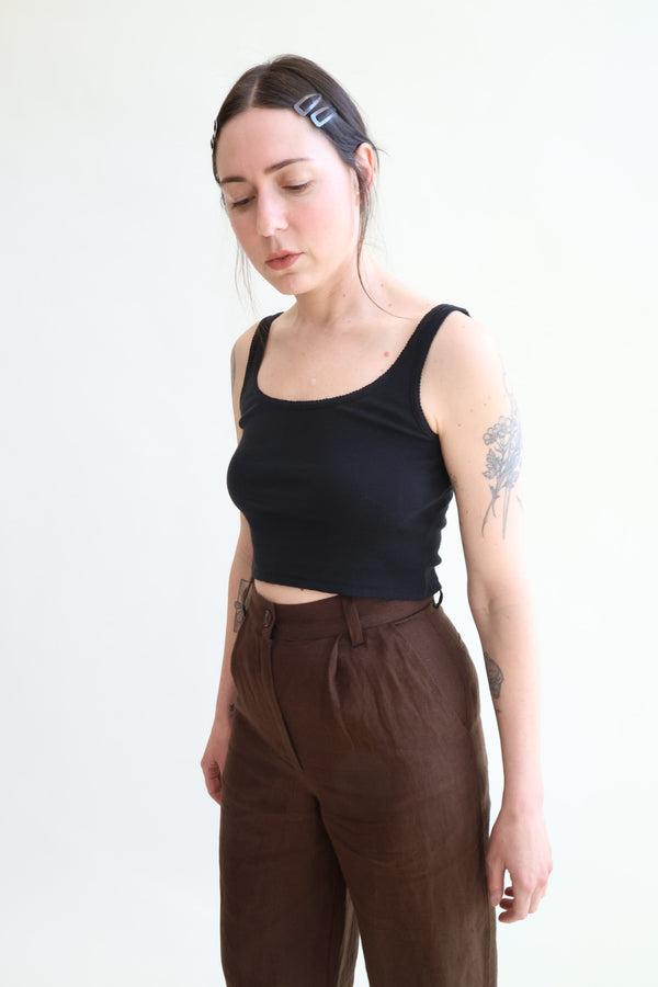 Crop Pointelle Scoop Tank Black