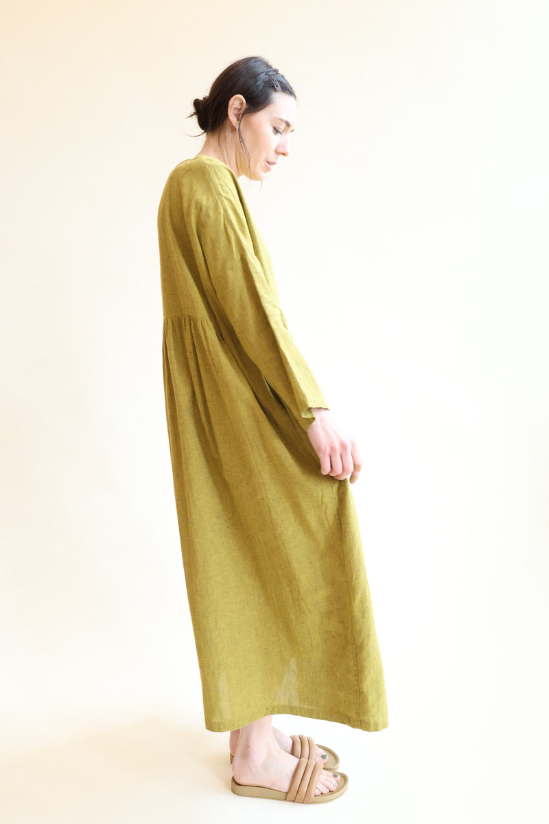 Cotton Linen Herringbone Dress Yellow