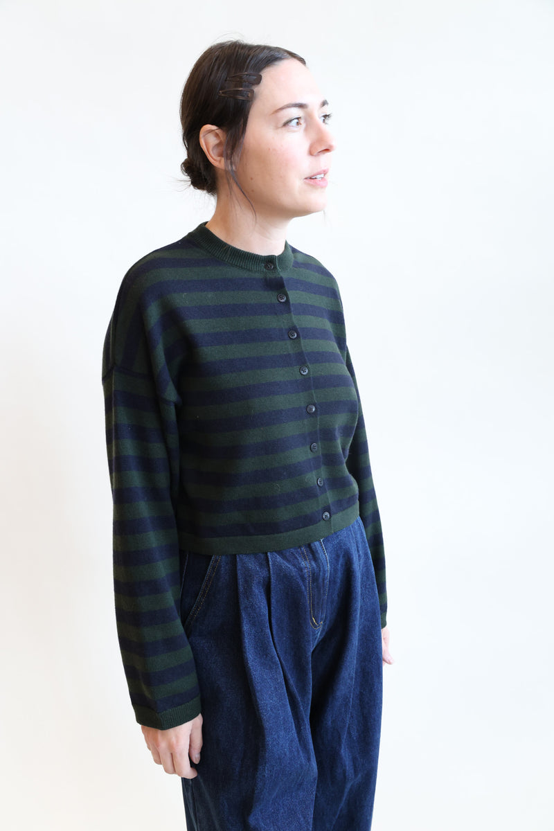 Merino Wool Striped Cardigan Green and Navy