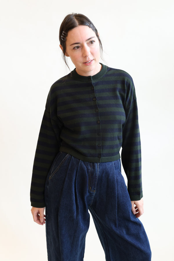 Merino Wool Striped Cardigan Green and Navy