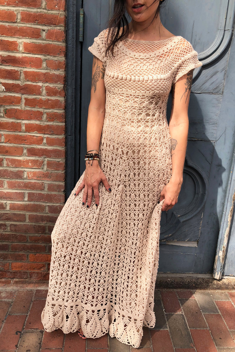 Cashmere Crochet Dress with Slip Sand Pink