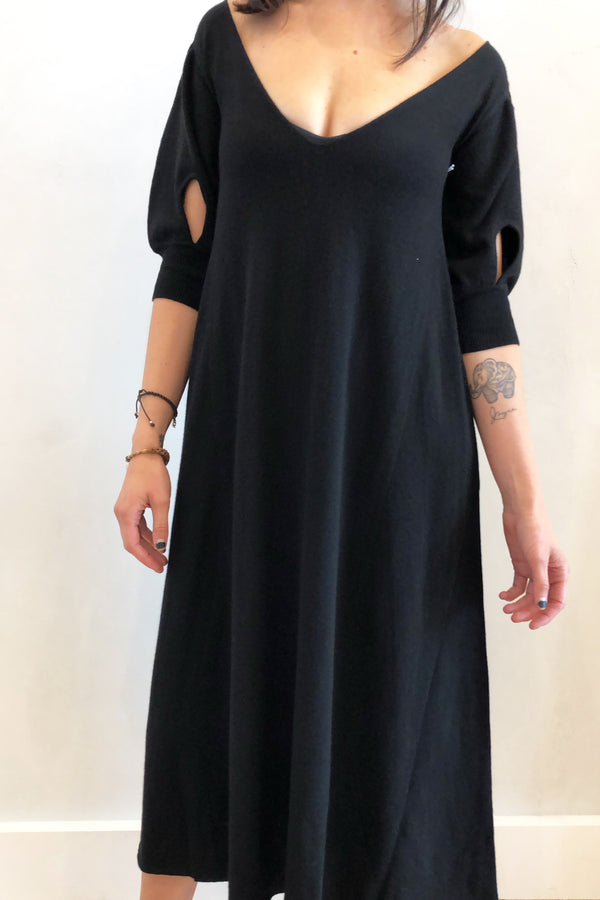 Cashmere V-Neck Long 3/4 Sleeve Dress Black