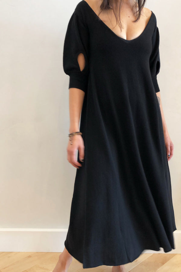 Cashmere V-Neck Long 3/4 Sleeve Dress Black