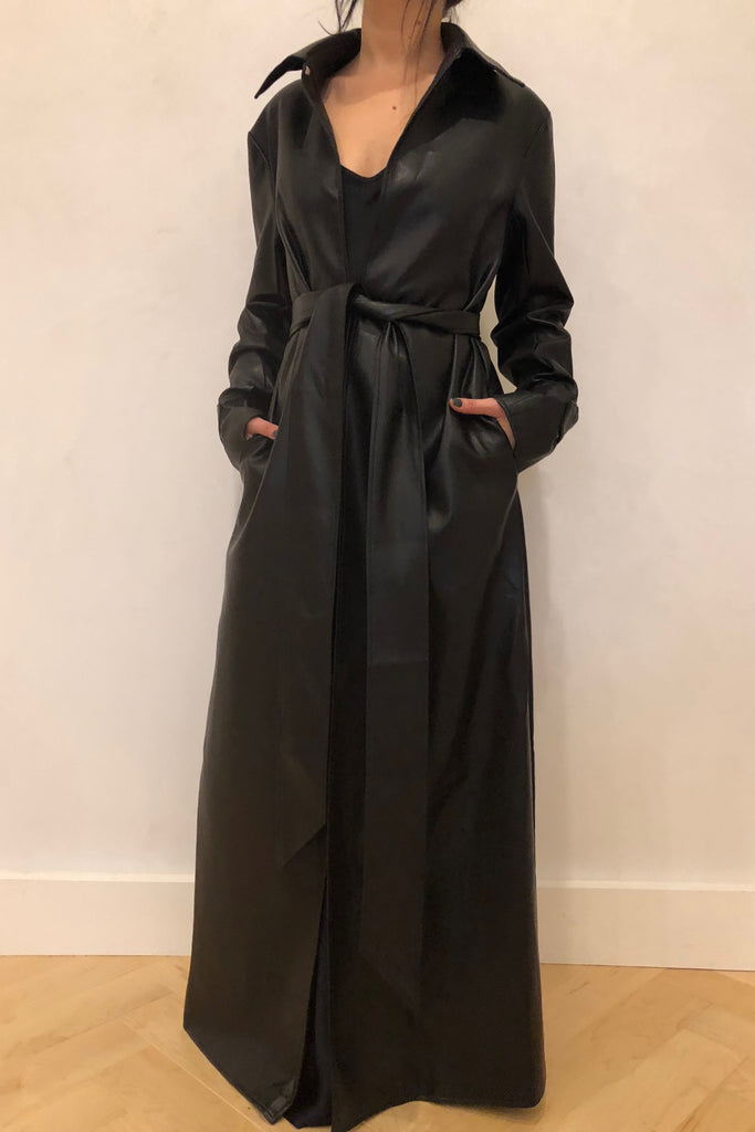 zara faux leather belted dress Valentina Trench Black Faux Leather – Rhoan