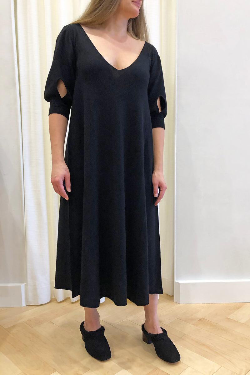 Cashmere V-Neck Long 3/4 Sleeve Dress Black