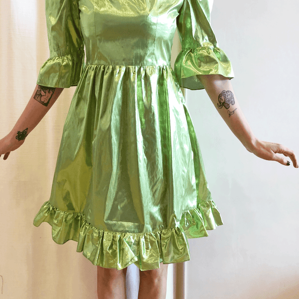 batsheva metallic dress Batsheva NWT Metallic Green Ruffled Mini Dress with Pockets Size 2
