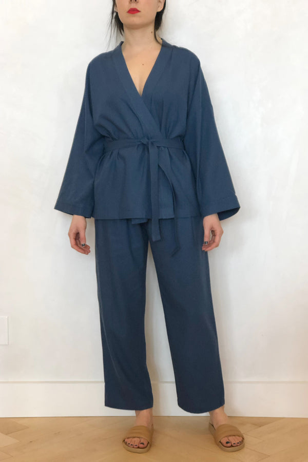 Cherry Raw Silk Kimono Denim Blue