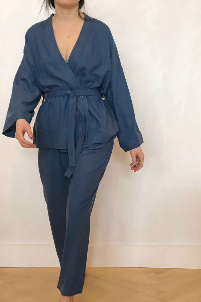 Cherry Raw Silk Kimono Denim Blue