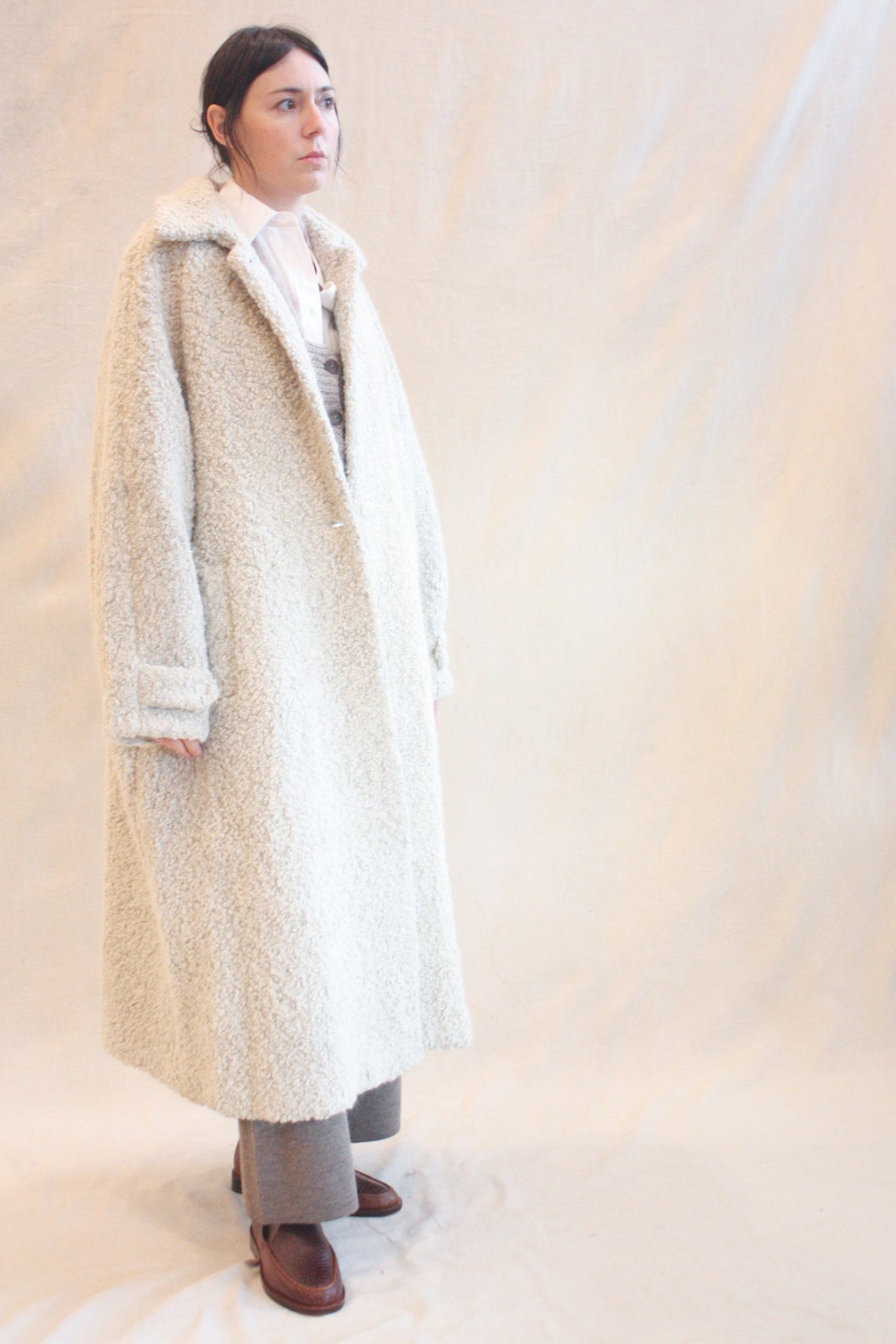 Alpaca Boucle Long Coat Greige – Rhoan