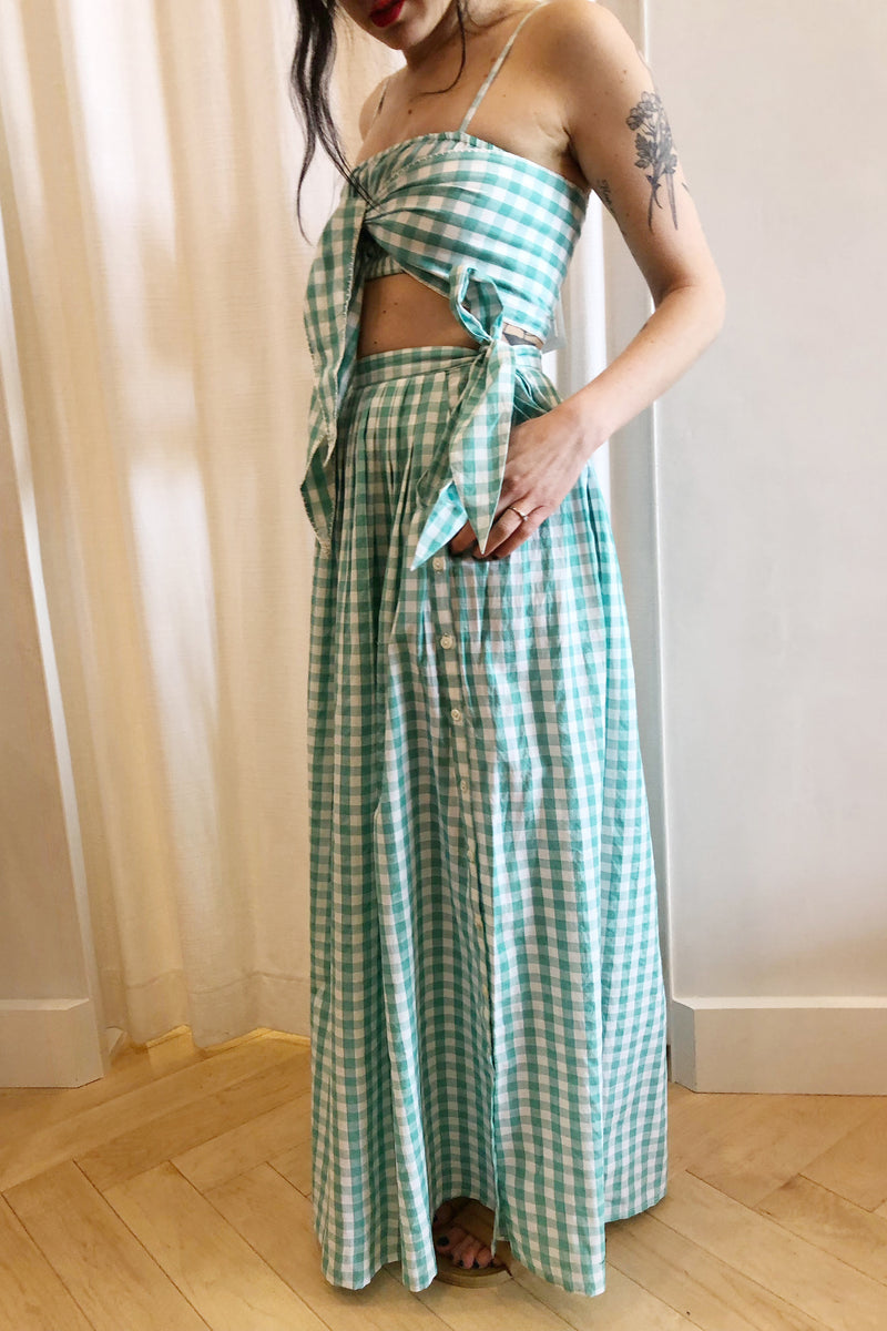 Devika Button Maxi Skirt Mint White Check