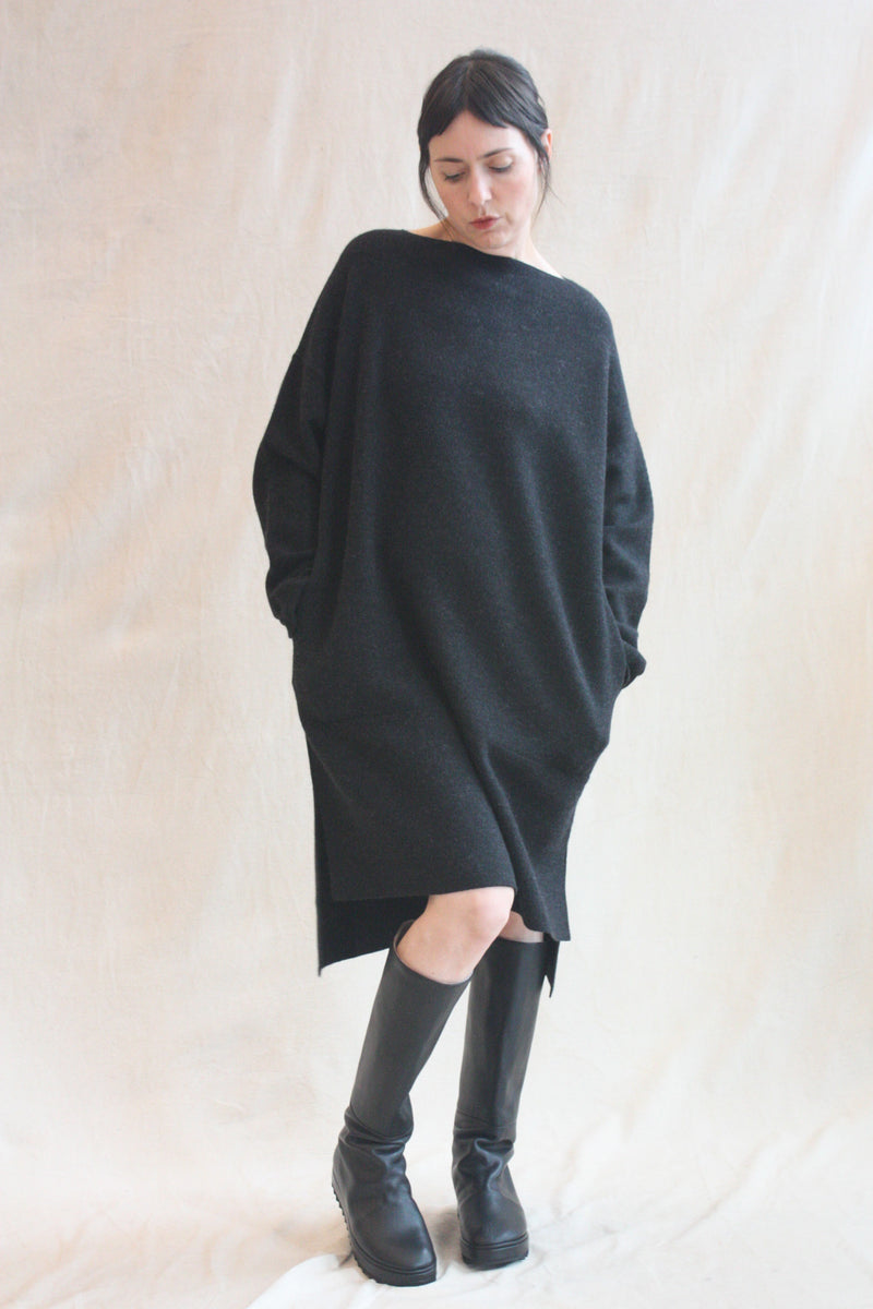 Double Knit Boatneck Dress Black Melange