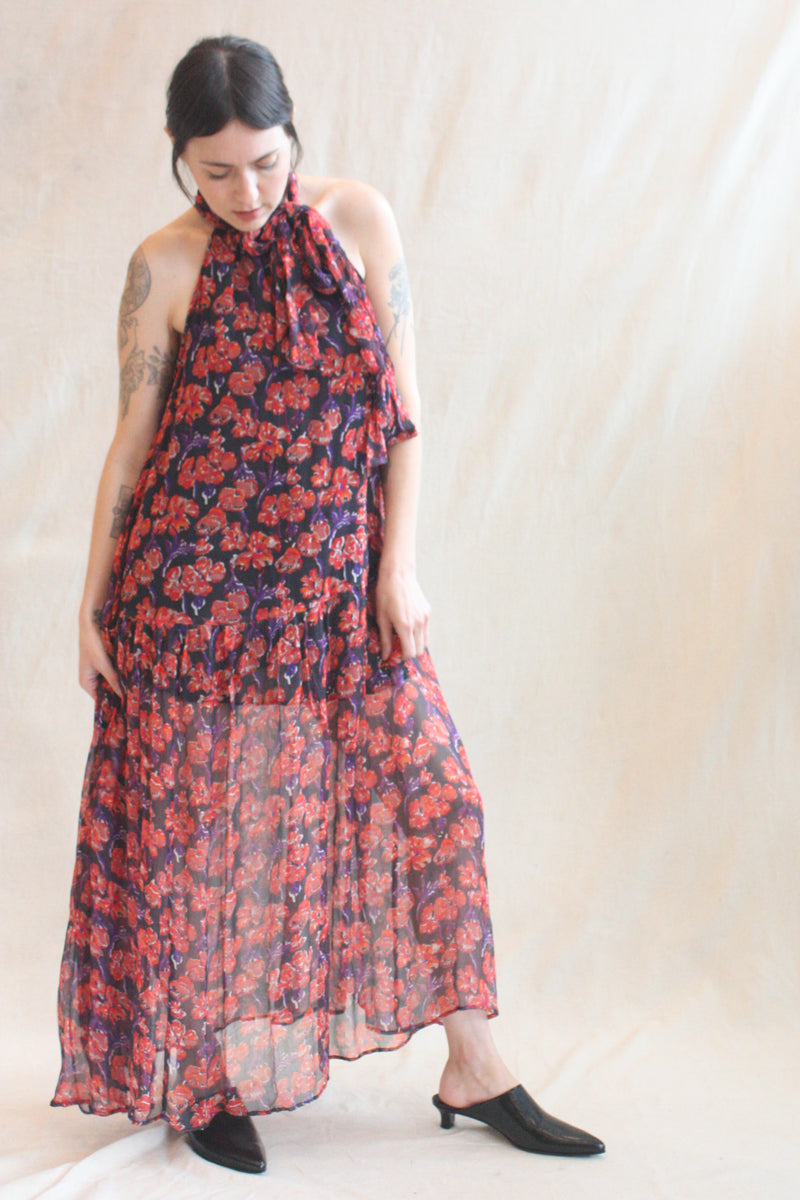 watercolor chiffon maxi dress Watercolor Blush Bouquet Tie-Waist Chiffon Maxi Dress for Manor Picnic & Floral Exhibition pink S-M