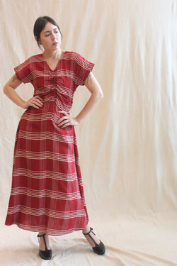 Veda Dress Crimson Embroidered Plaid