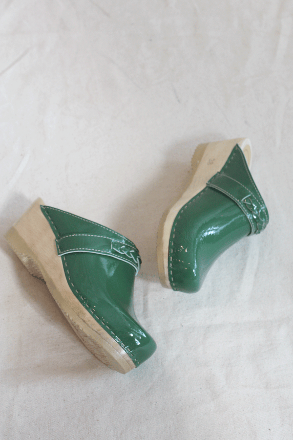 Bridget Clog on Mid Wedge Forest Patent with Brown Base