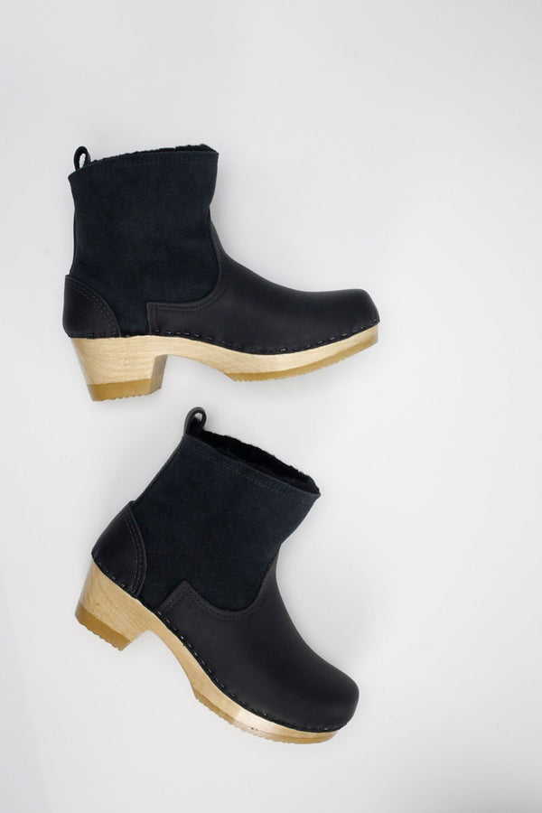5" Pull on Shearling Clog Boot on Mid Heel Black Suede
