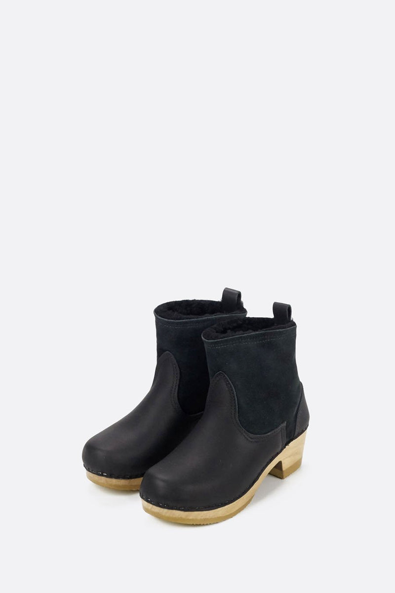 5" Pull on Shearling Clog Boot on Mid Heel Black Suede